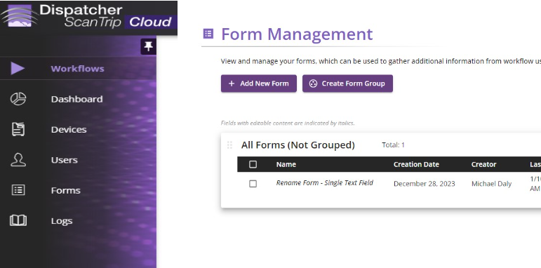 Form Management page within Dispatcher ScanTrip Cloud