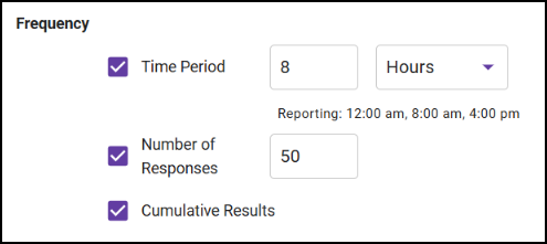 Screen shot of the Survey Node configuration showing Time Period and Number of Responses options.