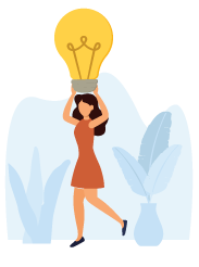 Cartoon image of a woman holding an enourmous light bulb over her head.