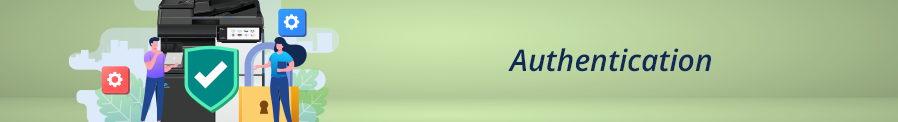 A cartoon of a printer, a green check mark and two people standing on either side of it with the word 'Athentication'.