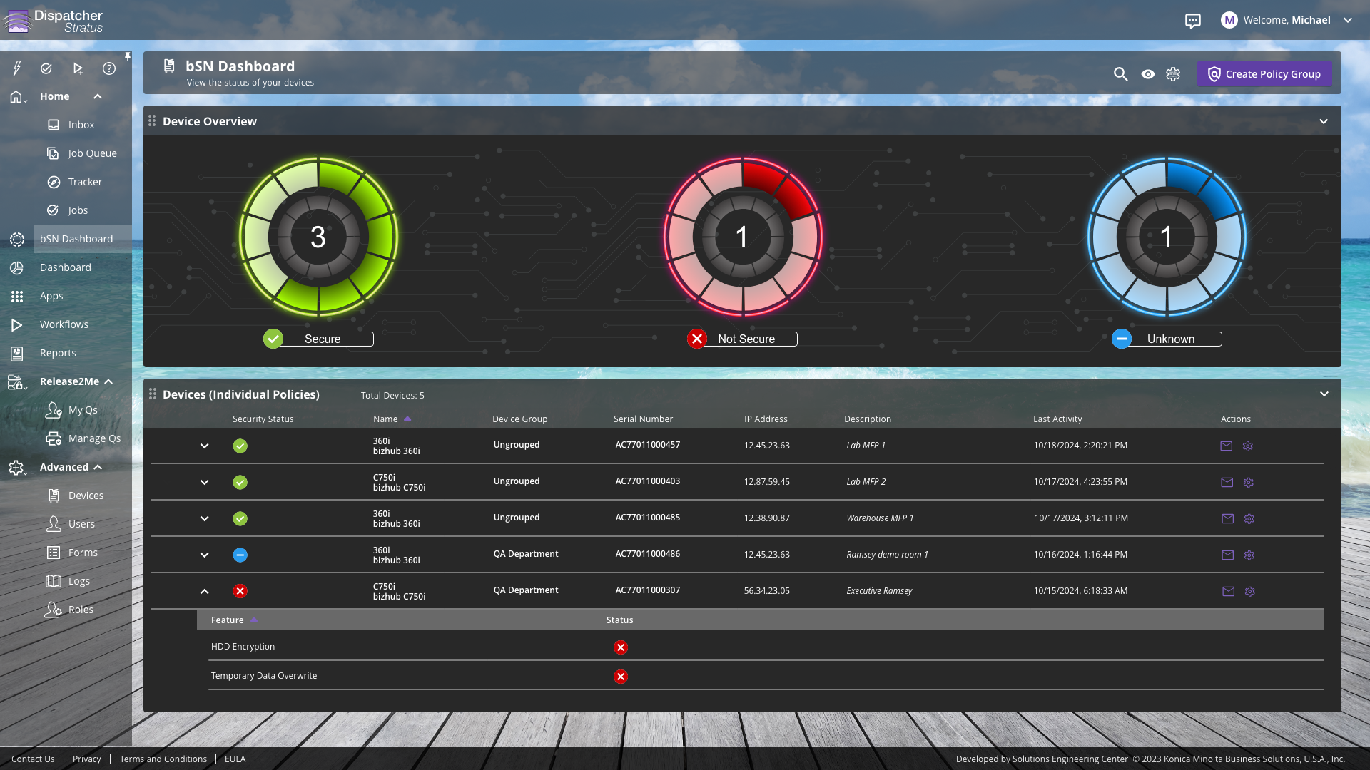 Screen capture image of the Bizhub SECURE application dashboard.