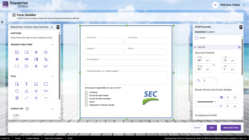 Screenshot of the Dispatcher Stratus Form Builder.
