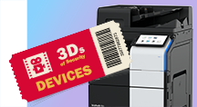 Illustration of an MFP overlaid with a movie ticket for a title 'Devices'.