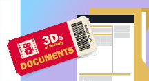 Stylized illustration of documents and a manilla folder, overlaid with a movie ticket for a title 'Documents'.