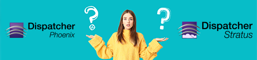 A woman holding her arms up in a 'which one' gesture, question marks above her hands, with Dispatcher Phoenix and Dispatcher Stratus on either side of her.