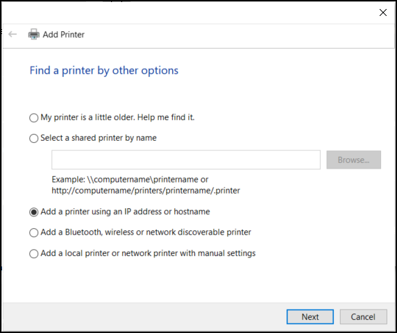 Windows Add Printer dialog box.