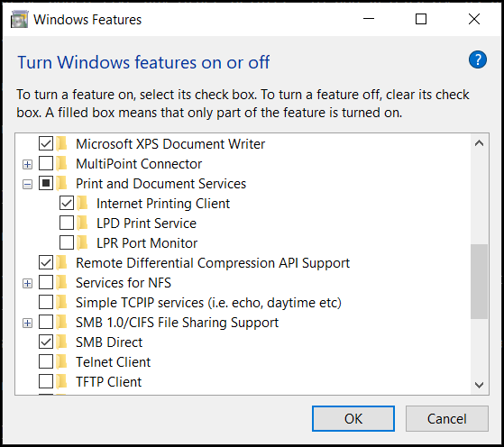 Windows Features dialogue box, for turning Windows features on or off.