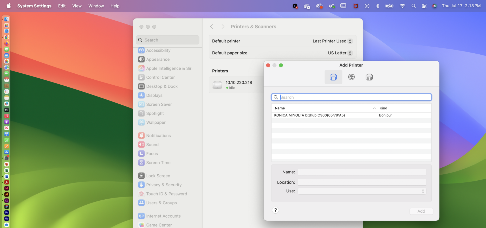 Mac Add Printer dialog box.