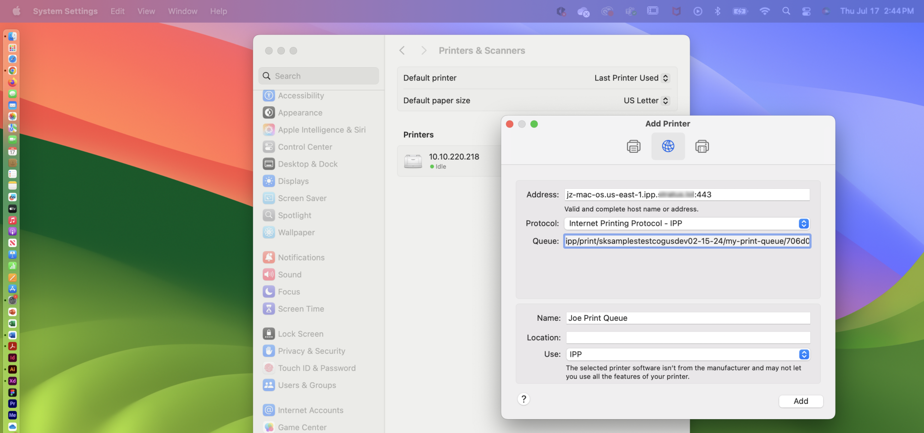 Mac Add Printer dialog box.