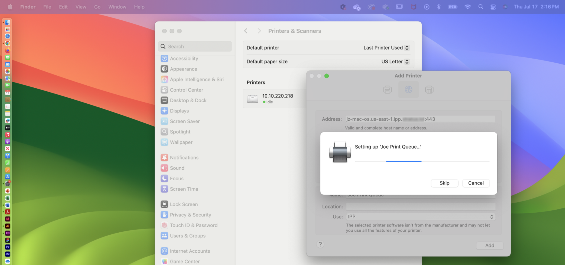 Mac Add Printer dialog box.