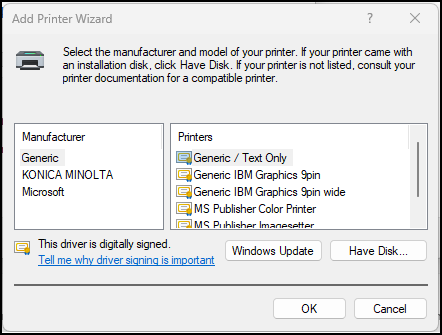 Windows Add Printer Wizard dialog box.