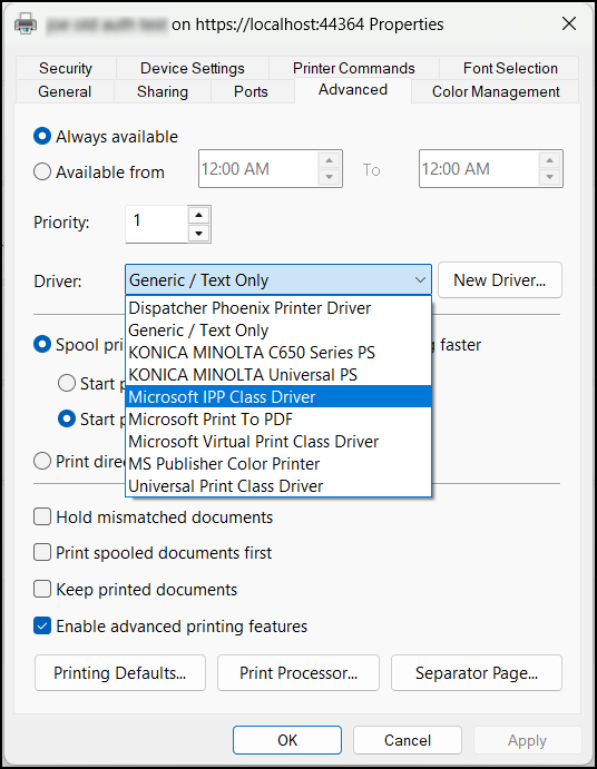Windows Printer Properties dialog box.
